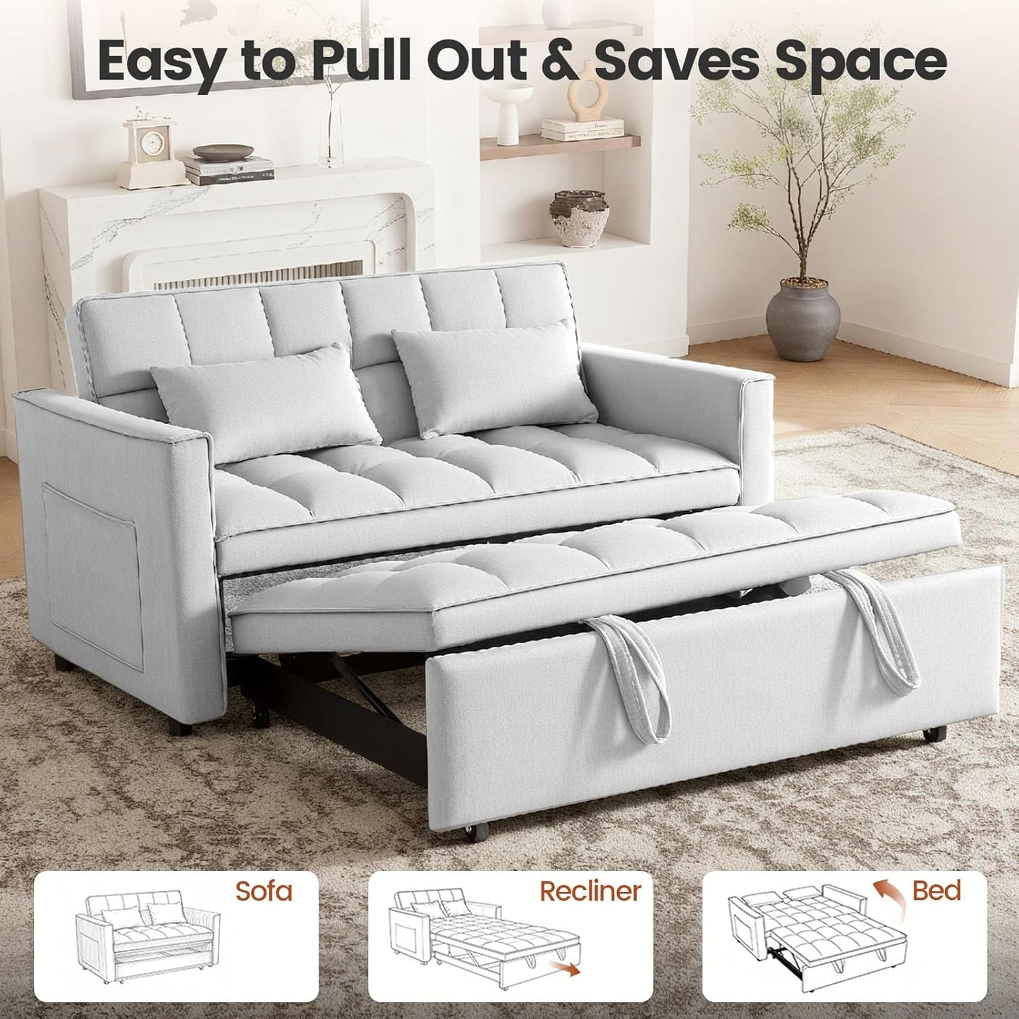 Convertible Sofa Bed, Pull Out Couch with Side Pockets, 3 in 1 Velvet Fabric Loveseat Sleeper Sofa Bed, Pull Out Couch with Adjustable Backrest for Living Room, Bedroom, Apartment, Light Gray