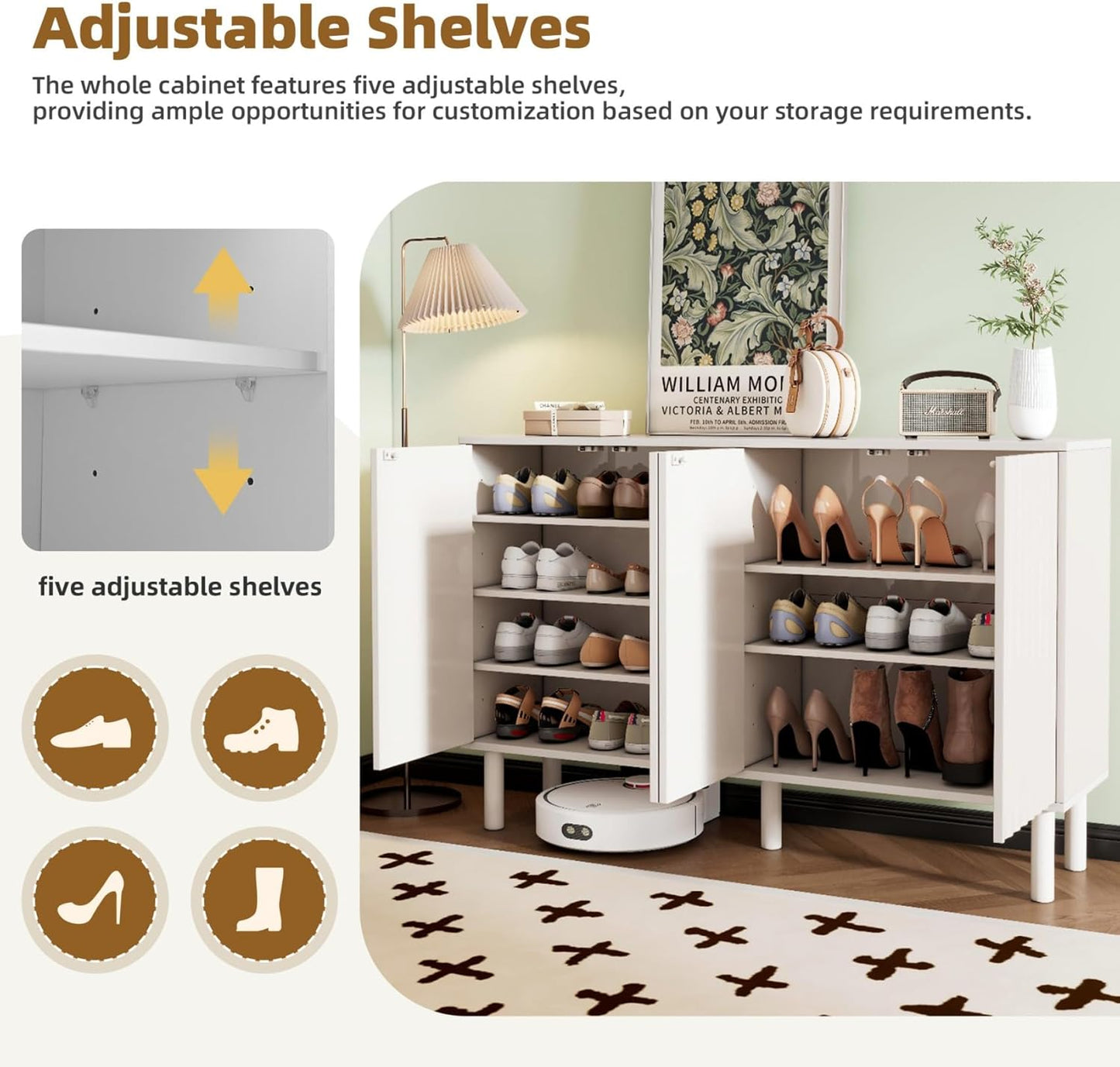 55” Shoe Cabinet Storage for Entryway with 4-Door, Freestanding Sideboard Buffet Hidden Table Organizer for Dinning Kitchen Living Room, Solid Wood Legs, Adjustable Shelves