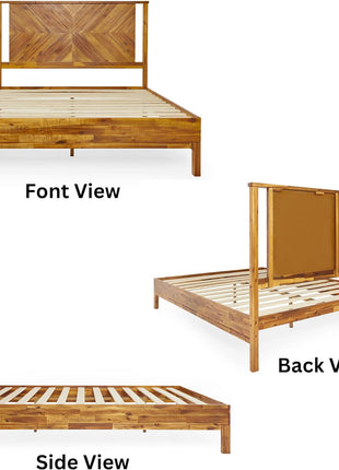 Vivian 14-Inch Deluxe Queen Bed Frame with Headboard, Rustic Scandinavian Design in Solid Acacia Wood, No Box Spring Required, 12 Durable Wood Slat Support, Easy Assembly, Rustic Golden Brown Finish