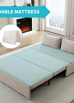Elegant 64" Queen Size Convertible Sofa Bed - Chic Linen Upholstered Couch with Mattress & Pillows, Ideal for Compact Living Spaces and Accommodating Guests (Beige)
