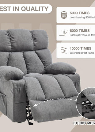 Ergonomic Massage Rocker Recliner Chair with Heat and Vibration - Overstuffed Lounge Chair for Living Room with 4 Side Pockets and 2 Cup Holders in Grey