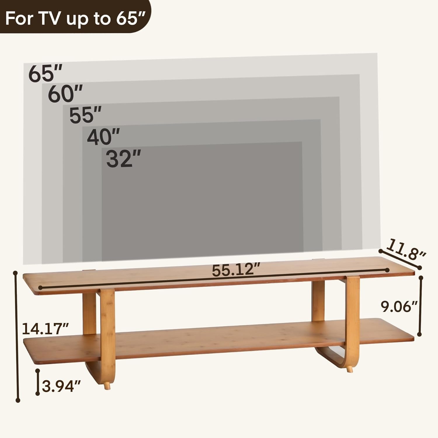 Bamboo TV Stand for Tvs up to 65", Media TV Console Table with Storage, Accent Entertainment Center with Shelf, Modern TV Stand for Living Room, Bedroom, 55"(L), Walnut