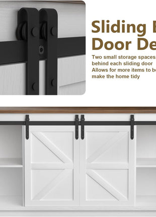 65-Inch Mid-Century Modern TV Stand with Storage Cabinets and Sliding Barn Doors in Bright White