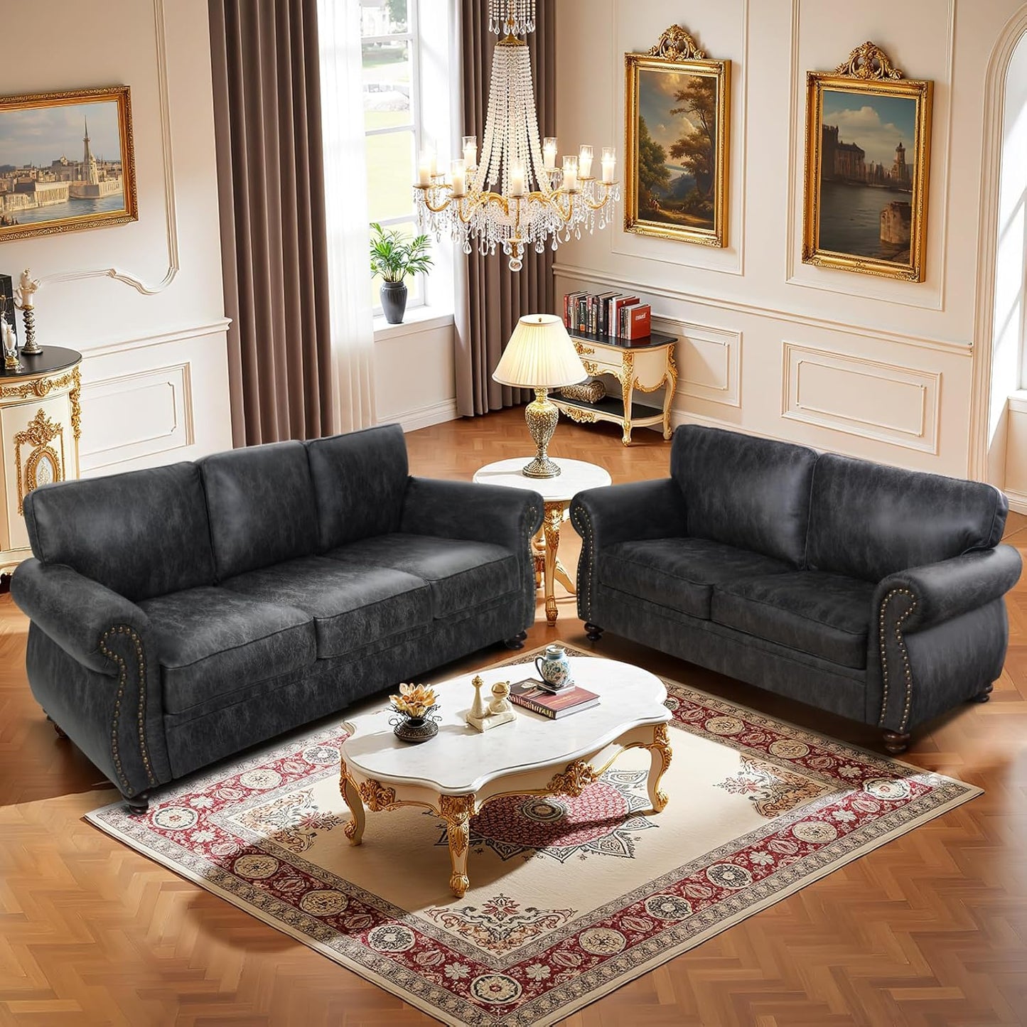 Living Room Furniture Sets,Sofa Sets and Couch Sets for Living Room,Mid-Century Vintage Sofa Couches with Rivet Design (Grey, Loveseat+3 Seater)