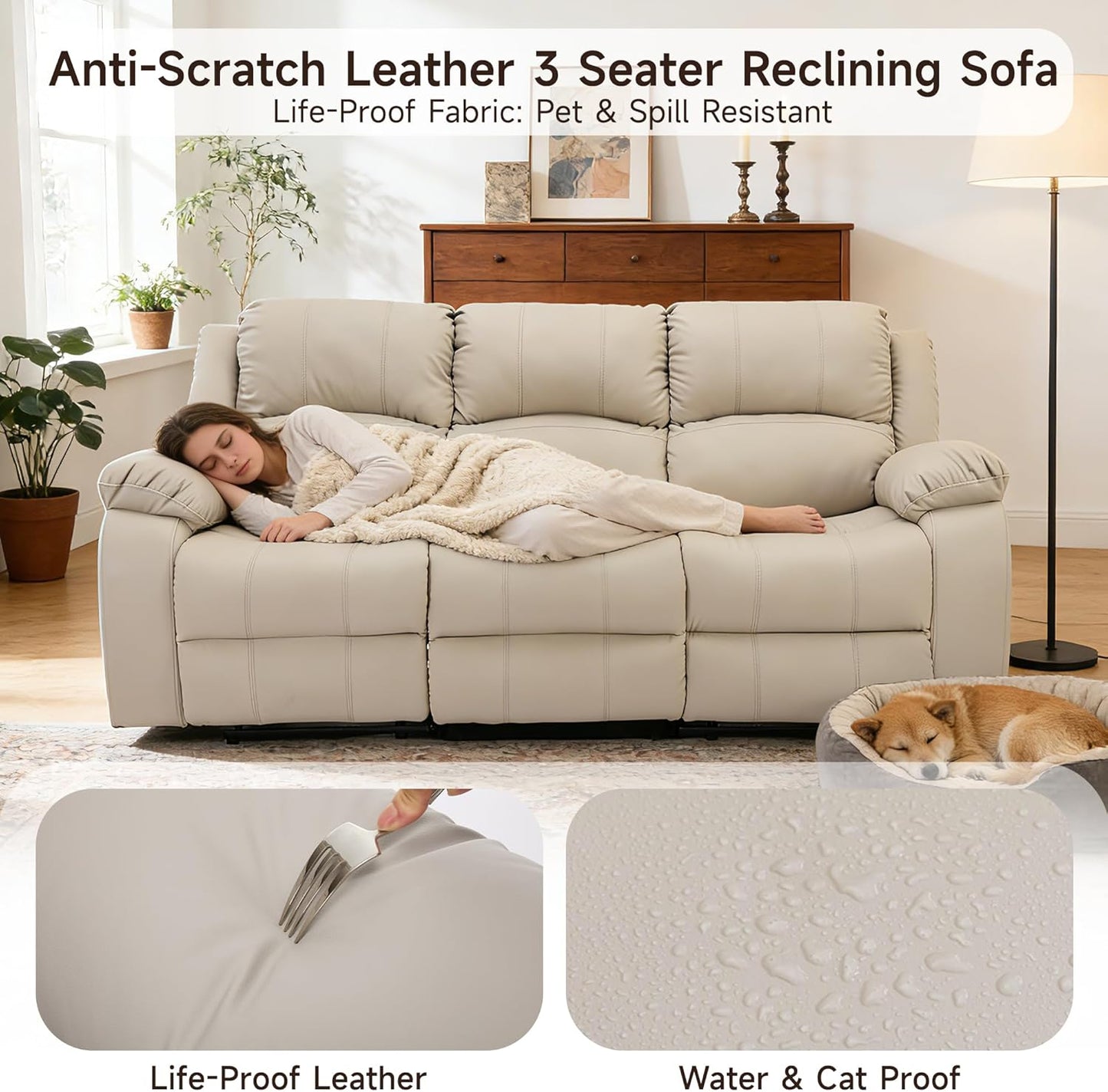 Manual Recliner Sofa, 3 Seater Reclining Couch with Side Pocket for Living Room, RV, Home Theater(3 Seat,Beige)