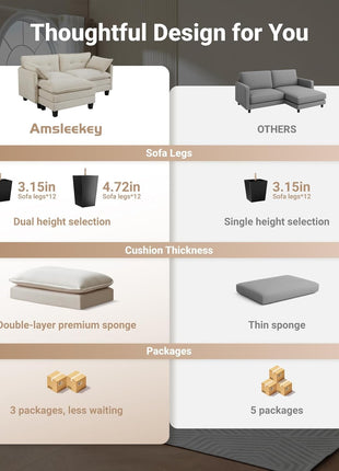 Modular L-Shaped Corduroy Sectional Sofa, 76.5" 2-Seater with Movable Ottoman, Modern Deep Seat Couch for Living Room (Beige)