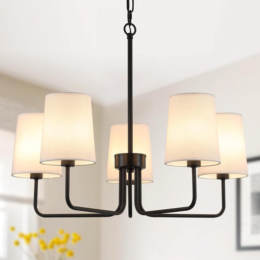 Farmhouse Chandelier, Matte Black with White Fabric Shade, Farmhouse Linear Island Lighting Fixture for Kitchen, Dining Room (5-Light Matte Black with Fabric Shades)