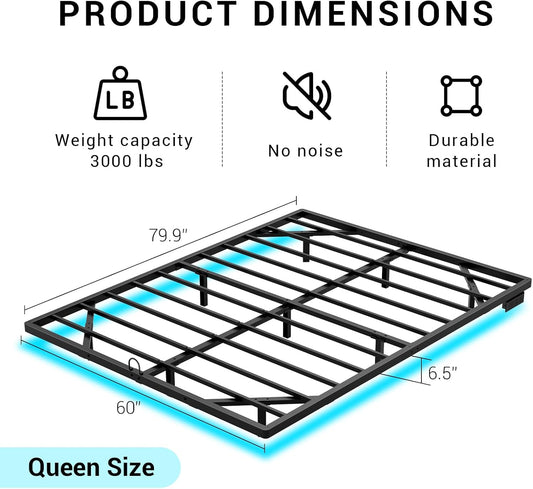 Queen Size Floating Metal Bed Frame with Smart LED Lights & Charging Station, Metal Platform Bed Base No Box Spring Needed, Easy Assembly, Noise Free