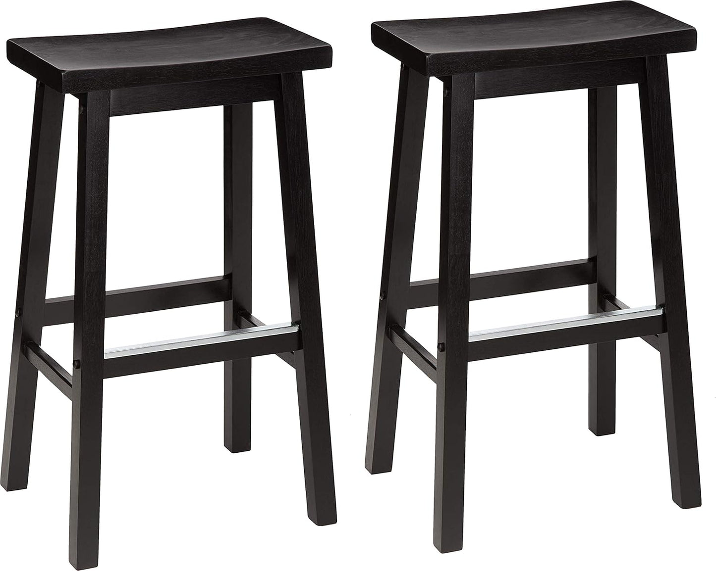 Solid Wood Saddle-Seat Kitchen Counter Barstool with Footrest, Easy Assembly - 29-Inch Height - Black - Set of 2