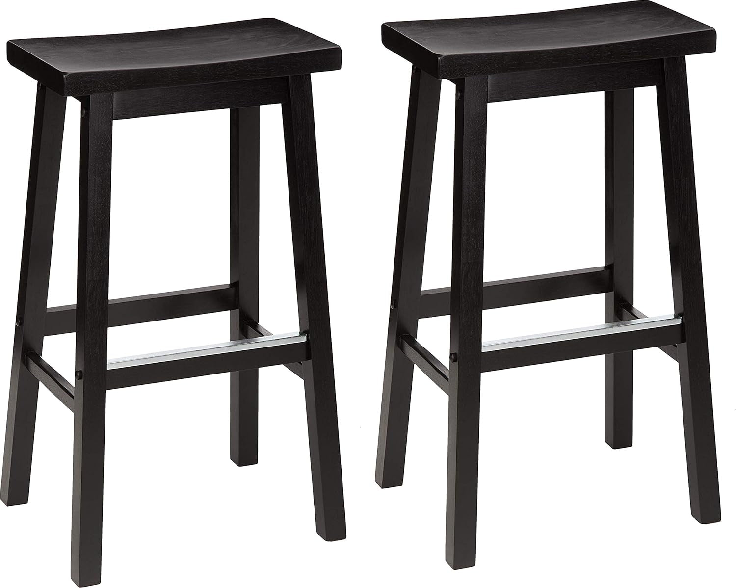 Solid Wood Saddle-Seat Kitchen Counter Barstool with Footrest, Easy Assembly - 29-Inch Height - Black - Set of 2