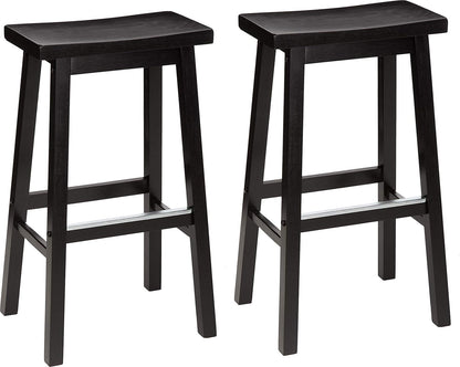 Solid Wood Saddle-Seat Kitchen Counter Barstool with Footrest, Easy Assembly - 29-Inch Height - Black - Set of 2