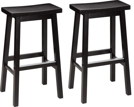 Solid Wood Saddle-Seat Kitchen Counter Barstool with Footrest, Easy Assembly - 29-Inch Height - Black - Set of 2