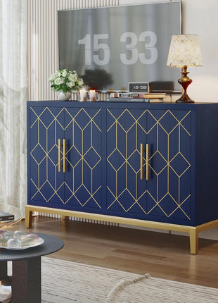 48-Inch Modern Accent Cabinet with Four Doors and Shelves, Gold Trim Sideboard Buffet for Living Room, Kitchen, Dining Room, and Hallway in Blue
