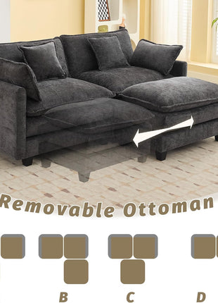 76-Inch Deep Seat Loveseat Sofa, Upholstered Chenille 3-Seat Modular Sectional Couch with Movable Ottoman, Contemporary Comfortable Settee for Living Room and Small Apartments, Dark Grey