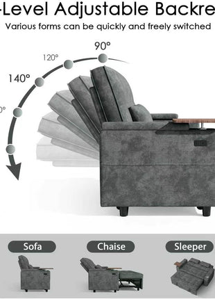 Versatile 65-Inch Chenille Sleeper Sofa Bed - Stylish Convertible Loveseat with Adjustable Backrest, Integrated Side Table, Built-In Charging Port, Cup Holder, and Hidden Storage in Dark Grey