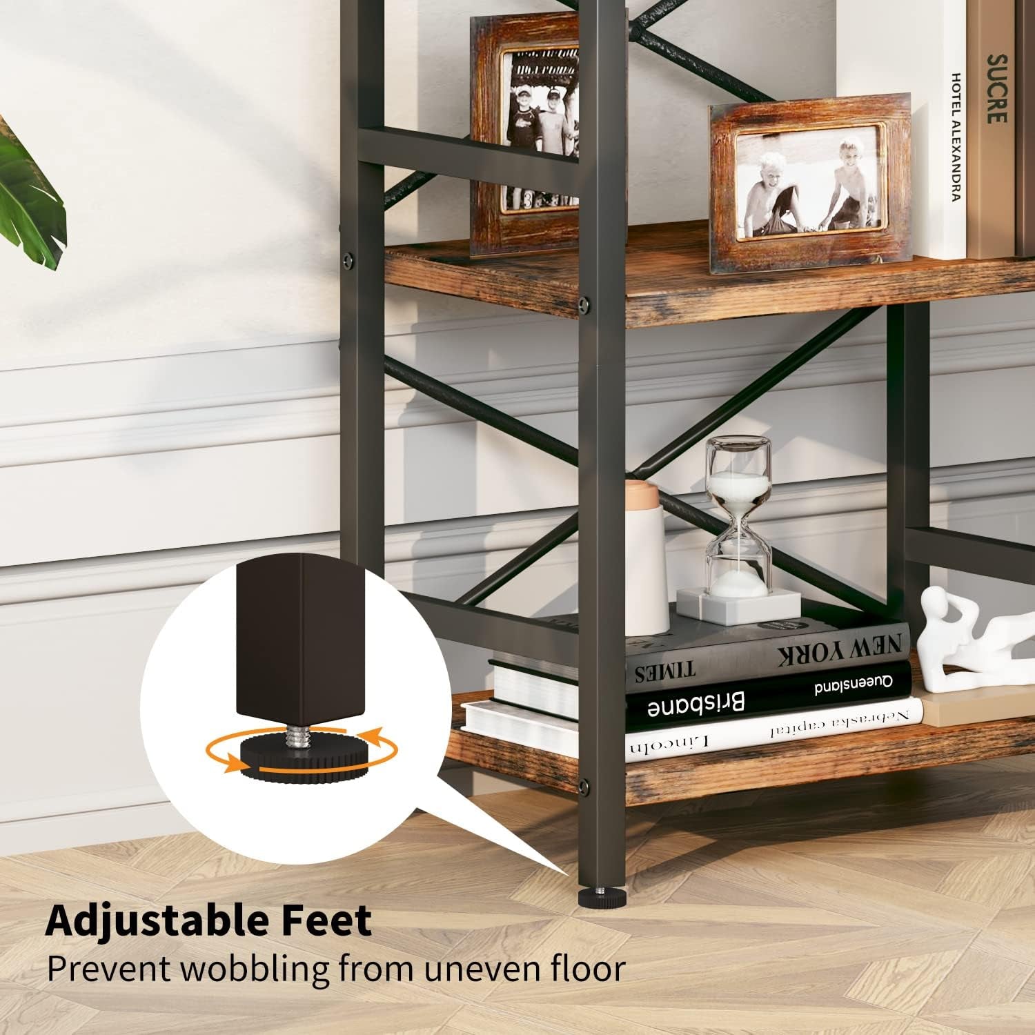 Bookshelf, 3 Tier Industrial Bookcase, Metal Small Bookcase, Rustic Etagere Book Shelf Storage Organizer for Living Room, Bedroom, and Home Office(Rustic Brown) Patent Pending D29873033