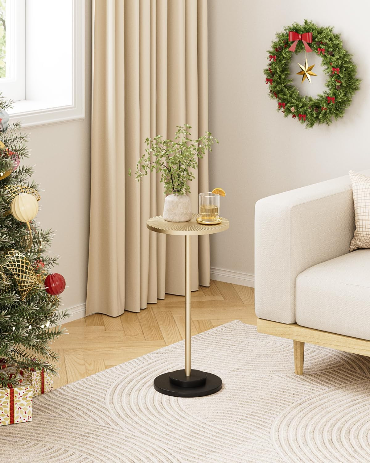 Round Side Table, Small Drink Table for Small Spaces, Modern Accent End Table with Metal Leg for Living Room, Bedroom, Corners, and Office (Gold)