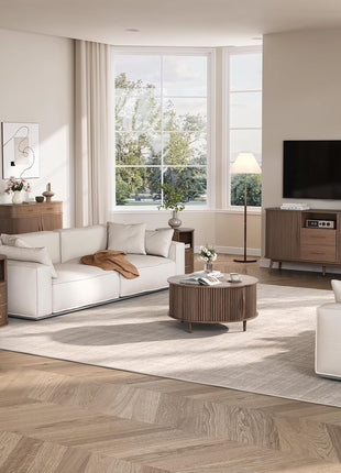 Contemporary Walnut Round Coffee Table with Storage, 31.5" Fluted Center Table for Living Room with Sliding Cabinet Door