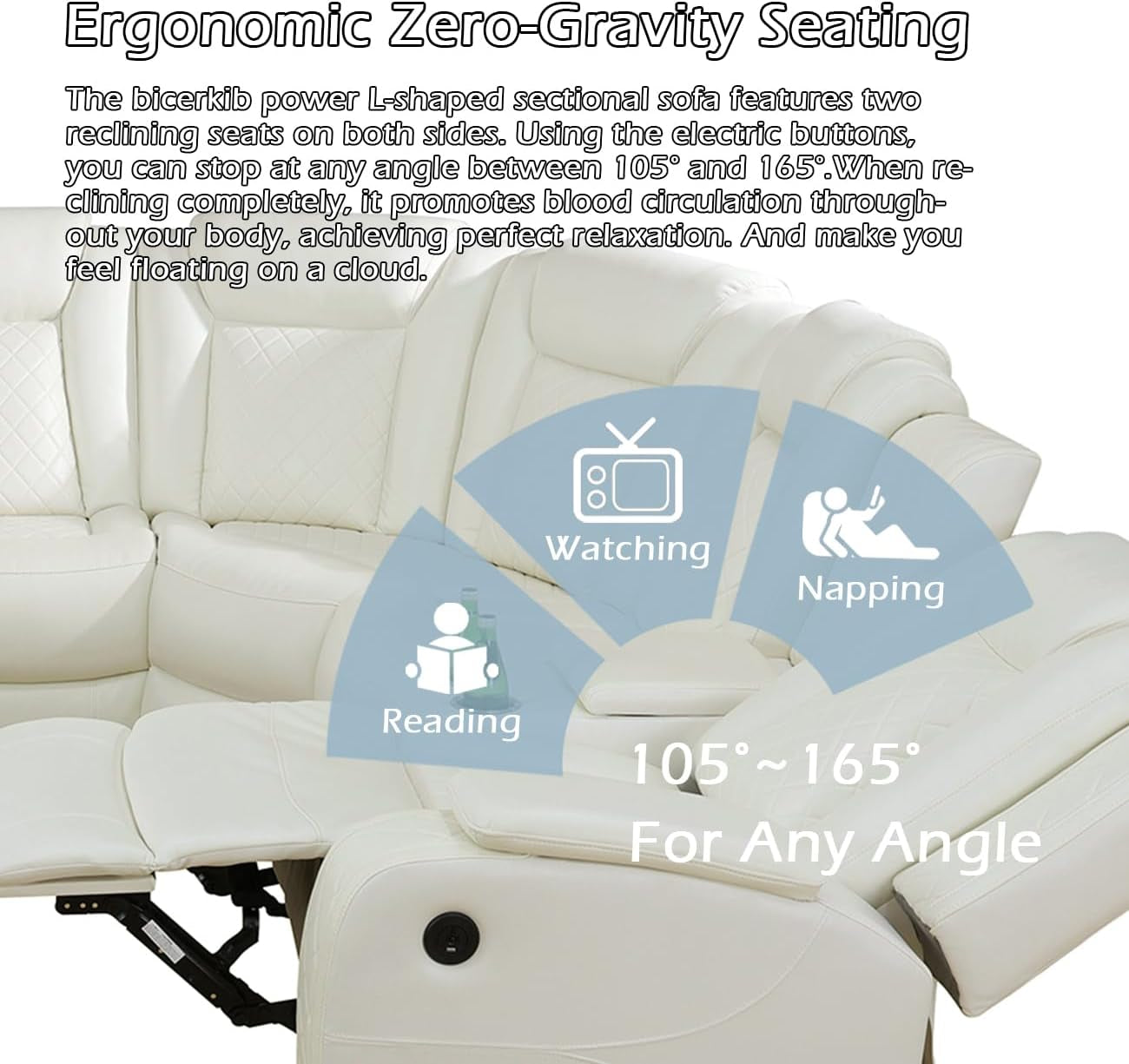 Power Recliner Sectional Sofa Set for Living Room Furniture Sets,Leather Reclining Sofa Set with LED Lights/Hidden Storage,L- Shaped Couch for Living Room/Home Theater(White,Sectional)