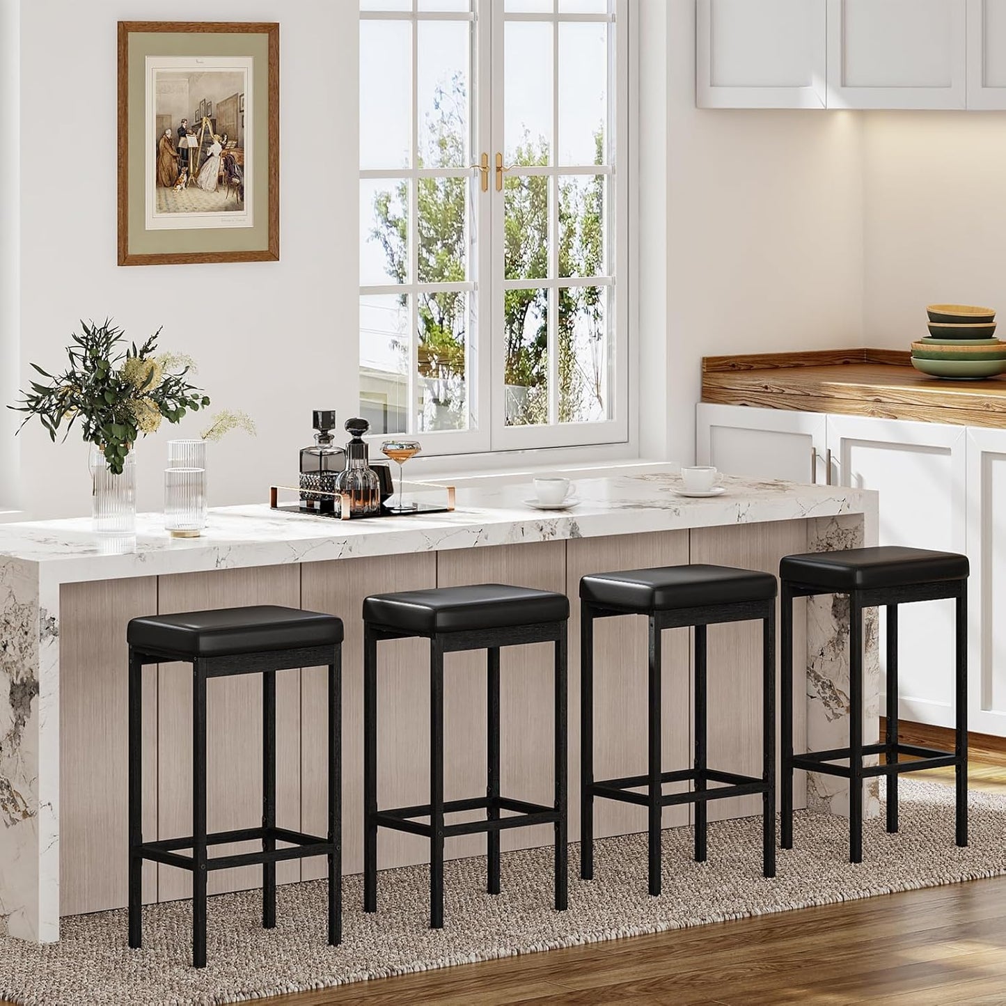 Bar Stools, Set of 2 Bar Chairs, 24.8-Inch Height Stools, Breakfast Bar Stools, Kitchen Stools, 2" Thick Upholstery, for Kitchen, Dining Room, Cafe, Bar Counter, Black BB21BY01