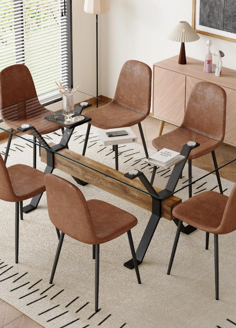 7-Piece Tempered Glass Dining Table Set for 6 with Metal Legs and MDF Crossbar, Featuring 6 Suede Dining Chairs for Kitchen and Dining Room