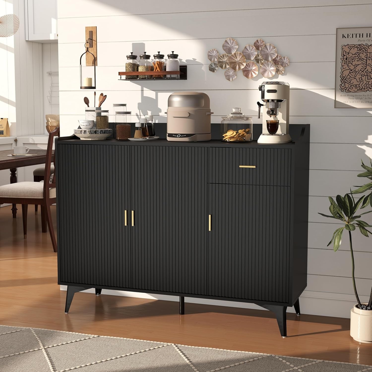Sideboard Buffet Cabinet with Drawers: 47" Black Fluted Sideboard Cabinet with Storage, Modern Dining Room Cabinets Storage, Credenzas for Living Room(47")