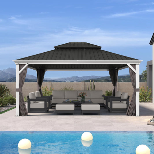 14' X 16' Hardtop Gazebo with Double Galvanized Steel Roof Awning and Upgrade Curtain for Patio Lawn and Garden, Grey