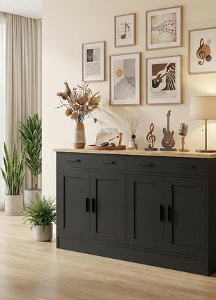 53-Inch Modern Black Buffet Cabinet with Storage - Stylish Kitchen Sideboard Featuring 2 Drawers and 4 Doors, Perfect for Dining Room, Living Room, and Hallway