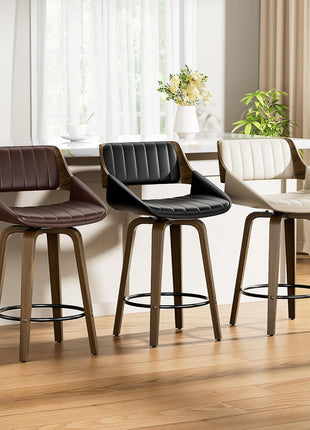Set of 2 Mid Century Modern Swivel Counter Height Bar Stools, 26" Upholstered Faux Leather with Bentwood Back and Legs, Cream White for Kitchen Island and Dining Room