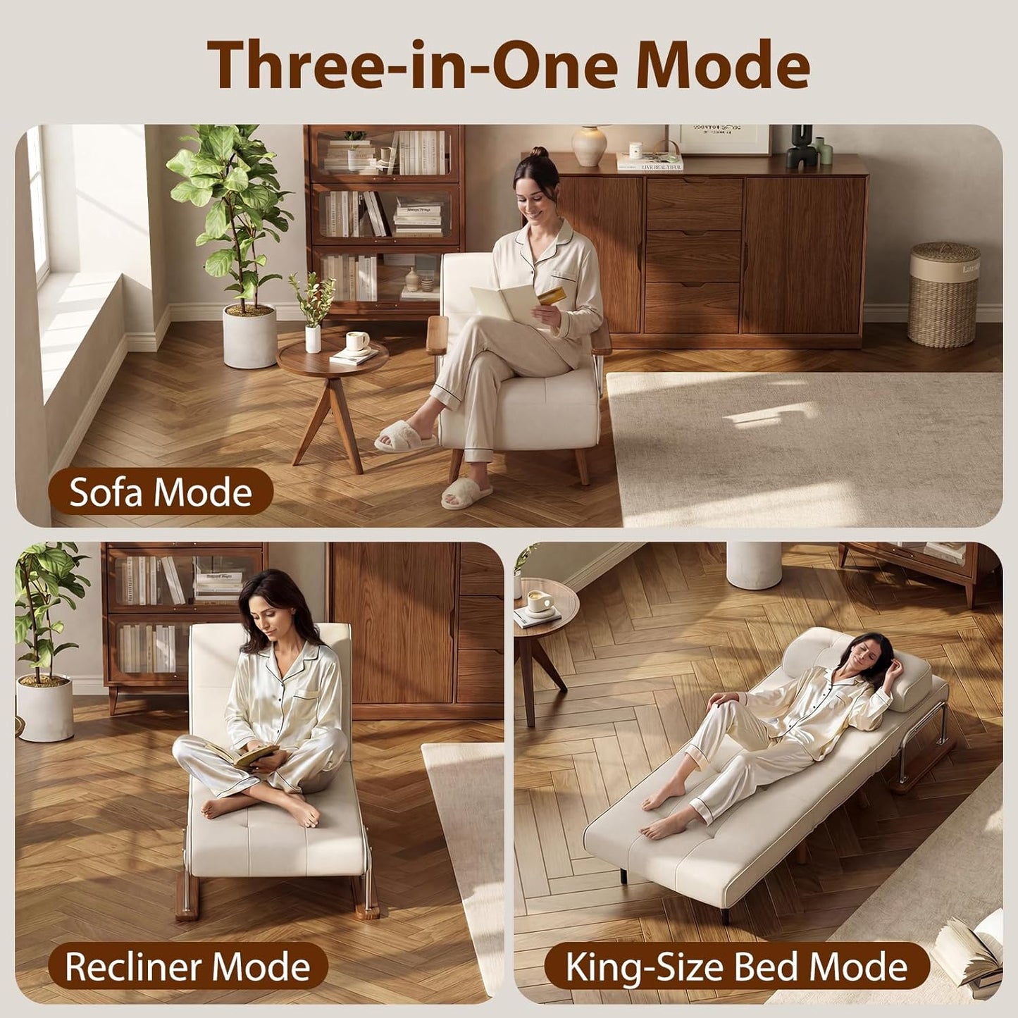 SUIYIMU Folding Chair Bed, 3-In-1 Convertible Sleeper Chair Bed, Futon Chair with 6-Level Adjustable Backrest for Guest Room Apartment Dorm, Cream Beige-Walnut