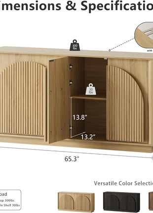 65-Inch Contemporary Fluted Sideboard Buffet Cabinet with Double-Layered Arch Doors, Oak Wood Accent Console for Living Room, Dining Room, Hallway, and Entryway