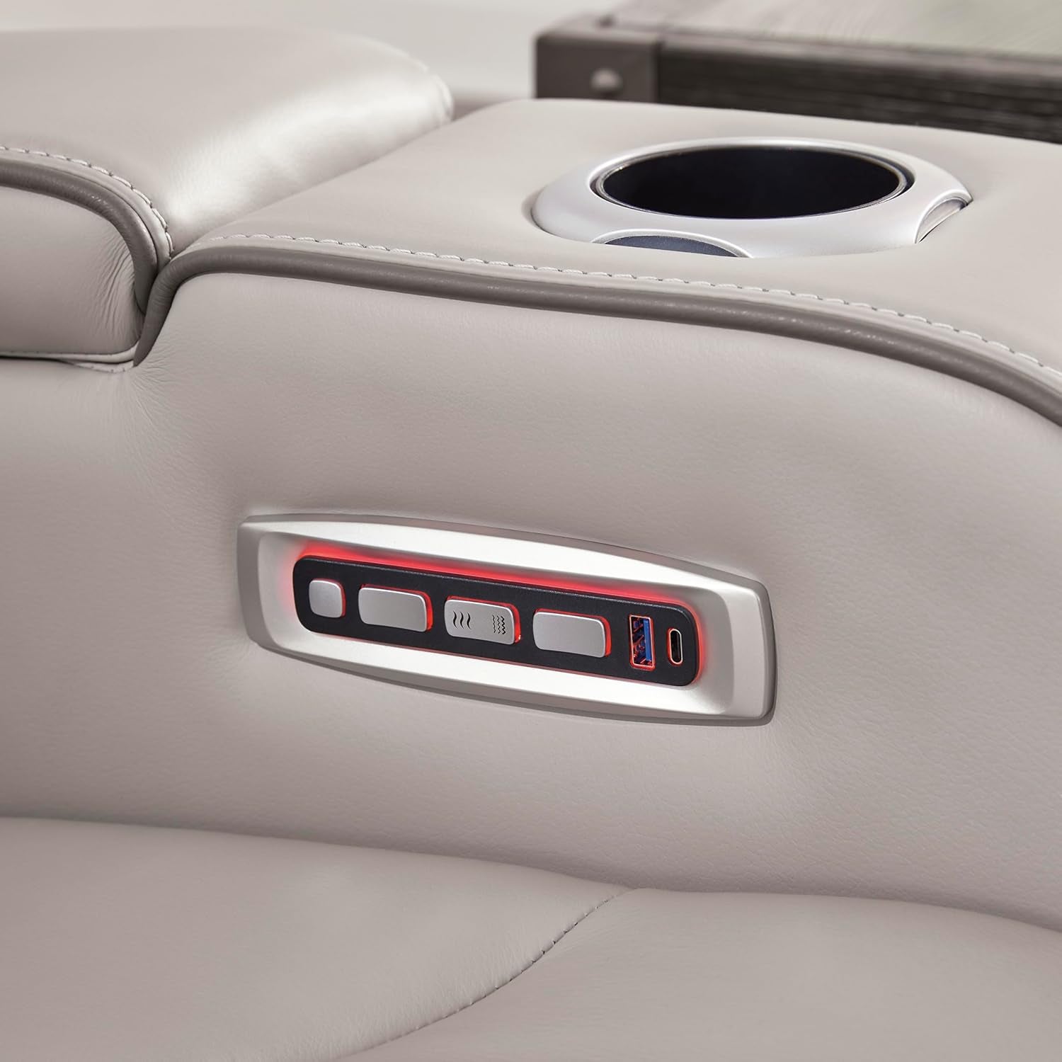 Boyington Contemporary Leather Match Power Reclining Sofa with USB Charging Ports, LED Lights and Adjustable Headrest, Light Gray