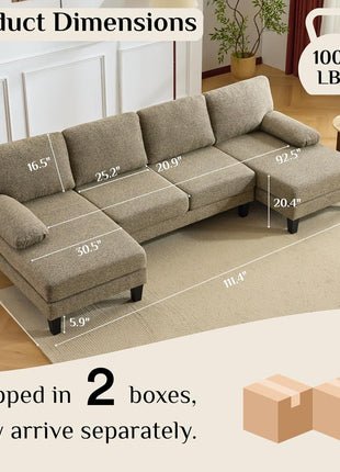 110” U-Shape Sectional Sofa Set with Chenille Upholstery, 4 Seats, Double Chaises, and Wood Grain Legs in Khaki for Living Room and Apartment