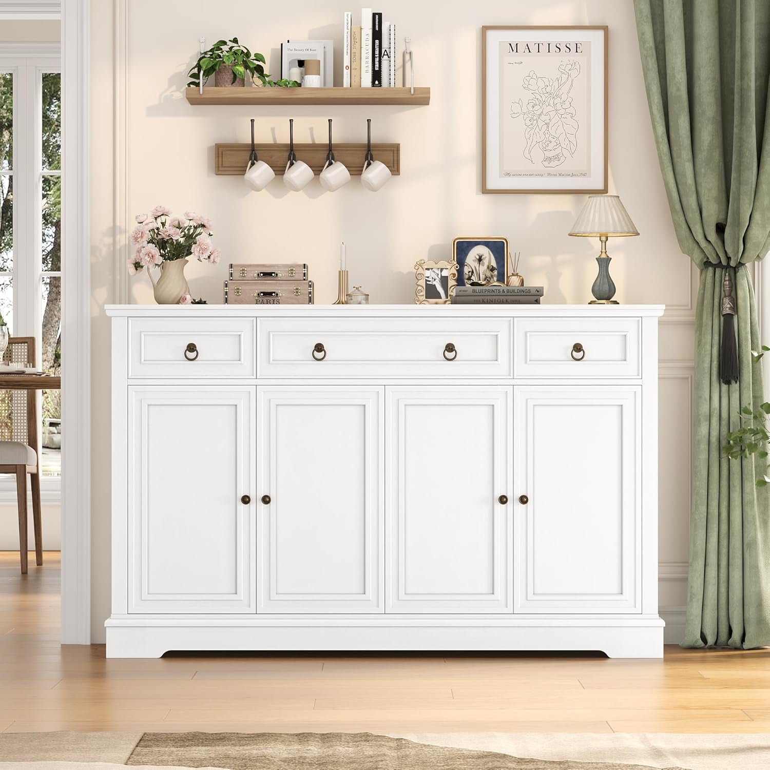 Buffet Cabinet with Storage, 52.7" Large Sideboard Buffet Cabinet, White Kitchen Cabinet with 3 Drawers and 4 Doors, Wood Coffee Bar for Kitchen Dining Room, White