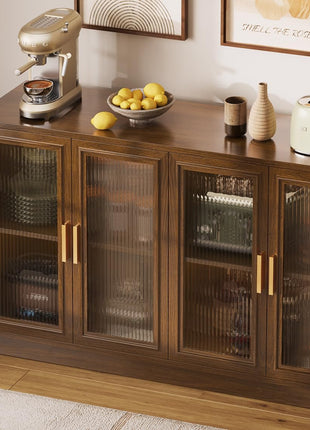 Mid-Century Modern Walnut Sideboard Buffet Cabinet with Storage - 55.1" Wood Kitchen Credenza with 4 Doors for Dining Room, Living Room, and Entryway