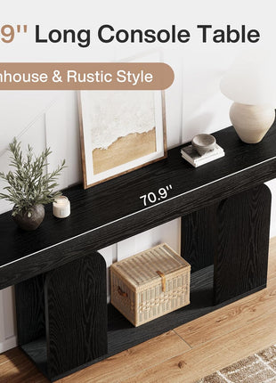 70.9-Inch Extra Long Farmhouse Console Table with Wooden Frame and Storage Shelf, 2-Tier Sofa Table for Living Room, Hallway, and Foyer in Black