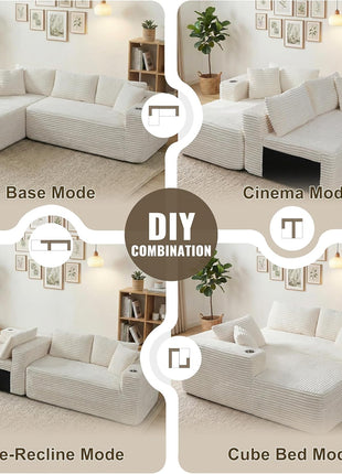 Elevate Your Living Space with Our Luxurious Boneless Modular Sectional Sofa - Memory Foam Comfort, Spacious L-Shaped Chaise, and Built-in Cup Holders in Elegant White Corduroy, No Assembly Required.