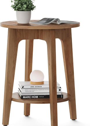 MAEZO 2-Tier Round Side Table with Tapered Legs and Curved Transitions, Perfect for Compact Living Spaces, Honey Brown Finish ULET283T41
