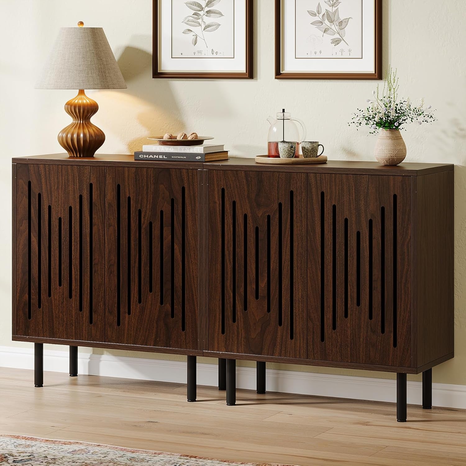 Set of 2 Sideboard Buffet with Storage, 59" Buffet Sideboard Cabinet with Adjustable Shelves, Accent Storage Cabinet for Living Room, Dark Brown