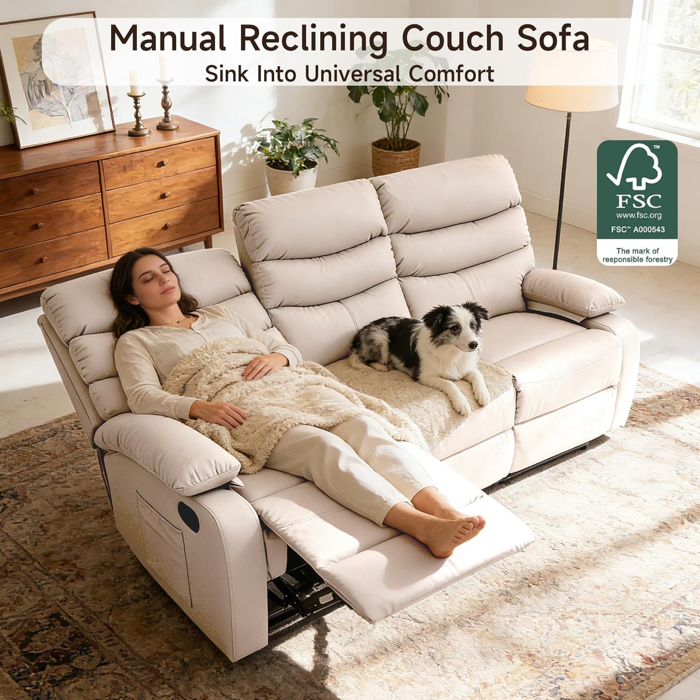 3 Seater Recliner Sofa Set, Anti-Scratch Reclining Loveseat Sofa & Couch for Living Room, RV, Home Theater Apartment(Beige, 3 Seater Sofa)