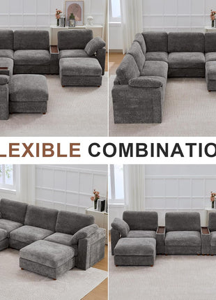 Luxurious Grey Oversized Modular L-Shaped Sectional Sofa with Integrated Side Tables and Storage - Plush Sleeper Couch for Ultimate Comfort (7-Seater with 2 Ottomans)