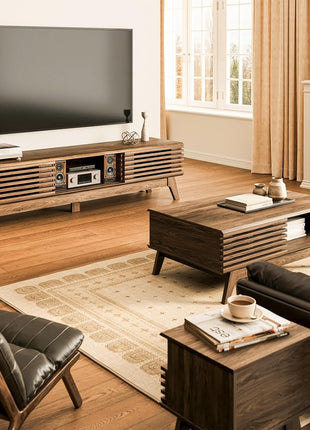59-Inch Mid-Century Modern TV Stand for 55"-65" TVs with Sliding Doors and Storage Cabinets in Walnut Finish