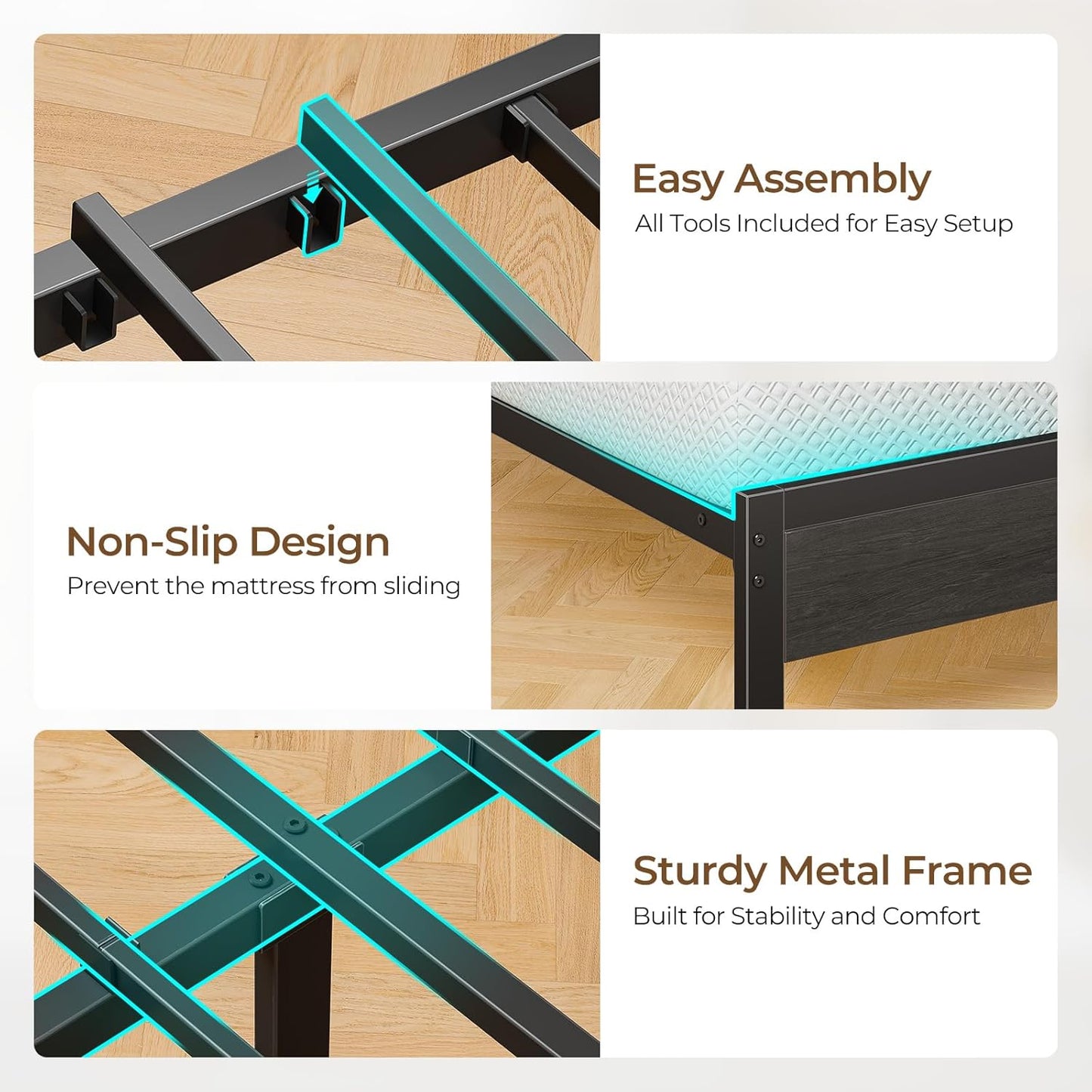 Bed Frame Full Size with Charging Station, LED Bed with Upholstered Storage Headboard, Metal Platform Bed with under Bed Storage, No Box Spring Needed, Noise Free, Easy Assembly, Grey