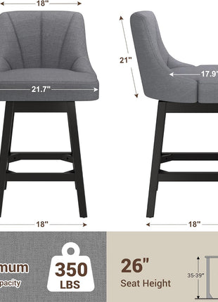 Set of 2 Modern Upholstered Linen Fabric Swivel Bar Stools, 26-Inch Counter Height with Backs, Solid Wood Legs in Dark Gray for Kitchen Island and Dining Room