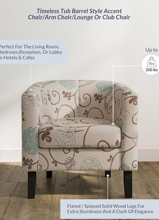 Highland Floral Print Linen Round Accent Barrel Chair - Elegant Club Tub Sofa for Living Room and Bedroom with Flared Legs and Plush Padding