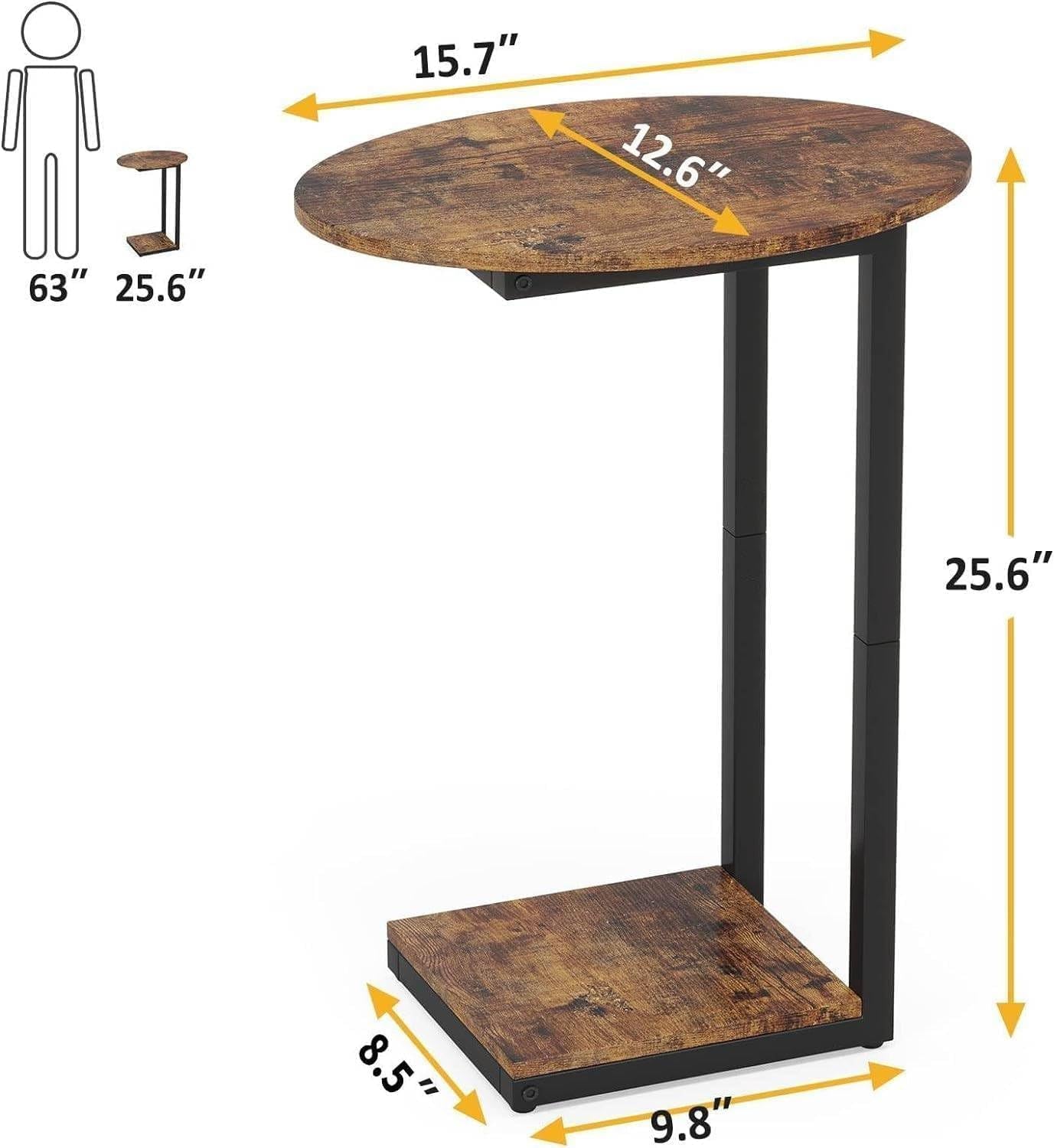 Side Table Small End Table, C-Shaped Wood Sofa Table with Metal Frame for Living Room, Bedroom, Small Spaces (Rustic Brown)