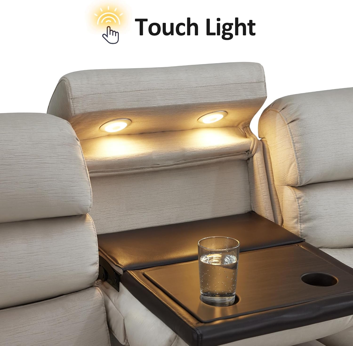 87.2'' Wall Hugger Power Recliner Sofa with Drop down Table, Reclining Sofa with Adjustable Headrest, USB Charge Ports, Reading Lamp, for Living Room, Rvs, Fabric, ST258M3 (3-Seater, Beige)