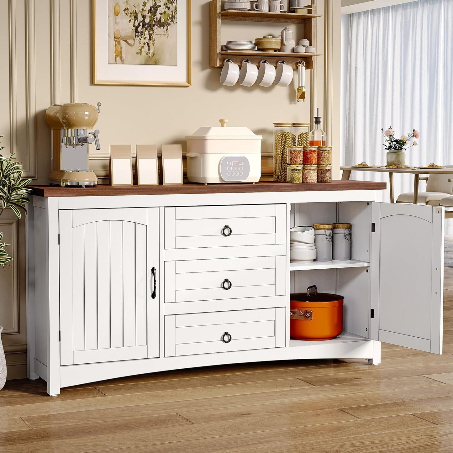 Farmhouse Sideboard Buffet Cabinet with Storage, 59" Sideboard Cabinet with Drawers & Doors, Kitchen Storage Cabinets for Dining Room Living Room, White