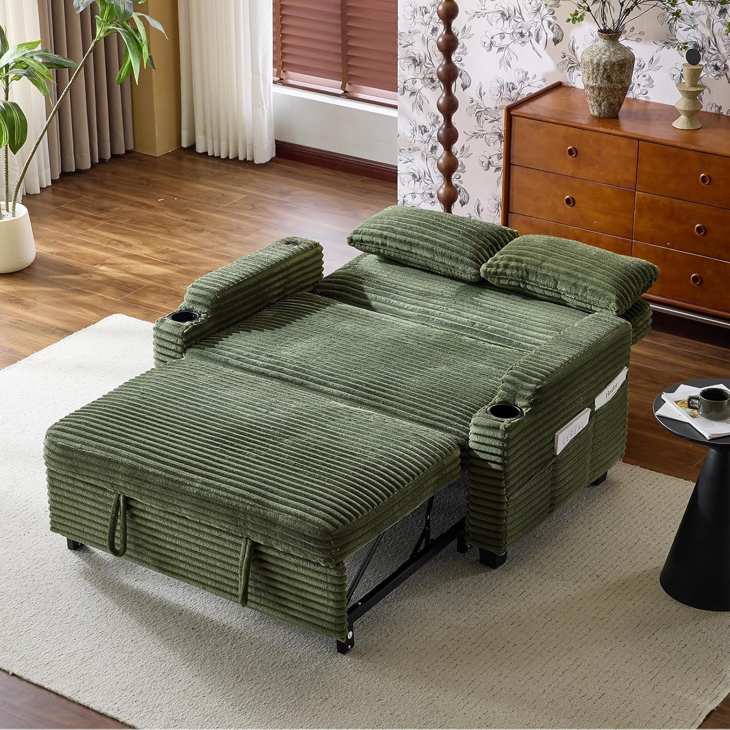 Green Futon Sofa Bed Convertible Loveseat Sleeper Sofa Couch, Corduroy Pullout Sofa Fold Out Couch Bed with USB Ports, Cup Holders, Armrest for Living Room, Bedroom Apartment Room | Lveseat Sleeper