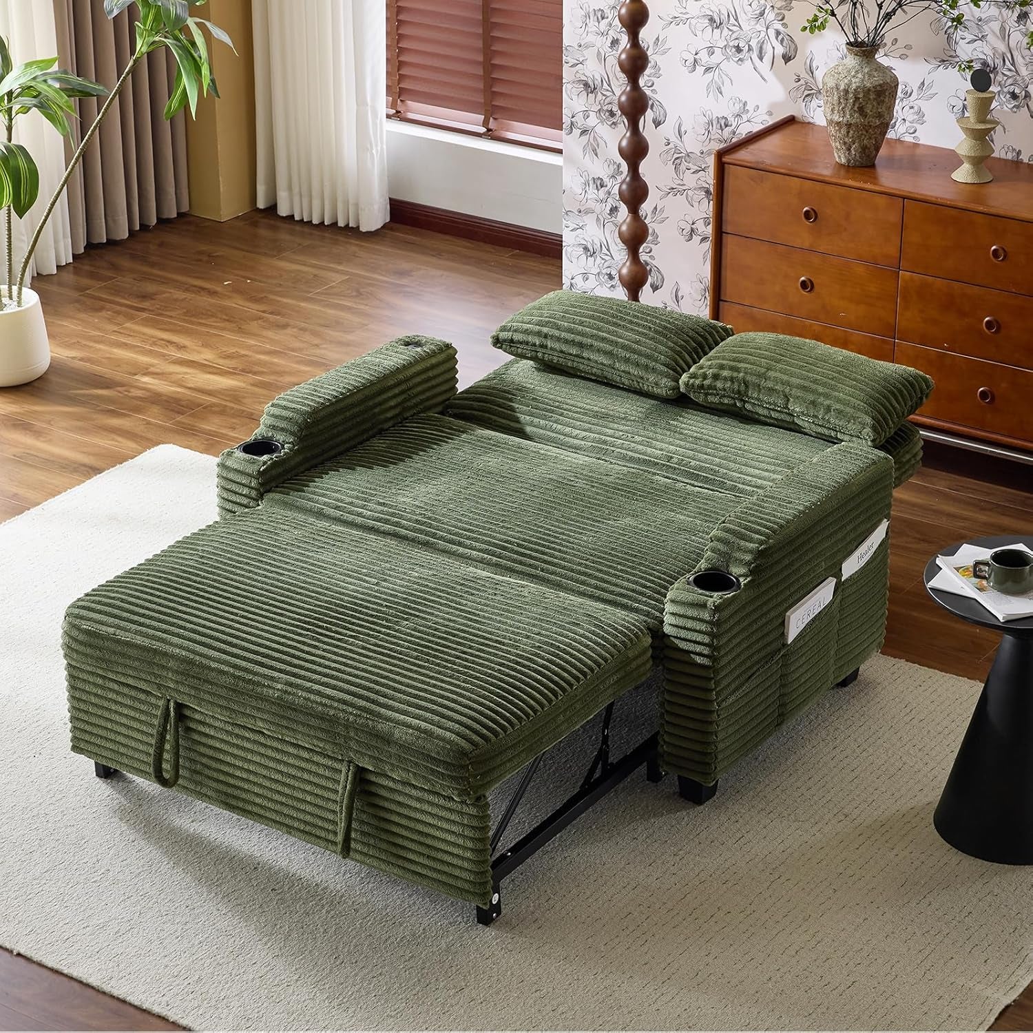 Green Futon Sofa Bed Convertible Loveseat Sleeper Sofa Couch, Corduroy Pullout Sofa Fold Out Couch Bed with USB Ports, Cup Holders, Armrest for Living Room, Bedroom Apartment Room | Lveseat Sleeper